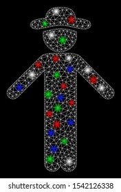 Bright mesh gentleman apology with glare effect. White wire frame polygonal mesh in vector format on a black background. Abstract 2d mesh built from polygonal grid, dots, colorful flare spots.