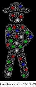 Bright mesh gentleman audacity with glare effect. White wire frame triangular mesh in vector format on a black background. Abstract 2d mesh designed with triangular lines, spheric points,