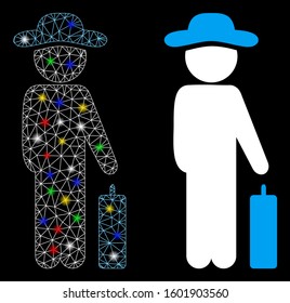 Bright mesh gentleman baggage icon with sparkle effect. Abstract illuminated model of gentleman baggage. Shiny wire carcass polygonal mesh gentleman baggage icon.