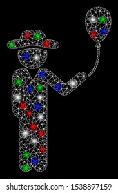 Bright mesh gentleman with balloon with glare effect. White wire frame triangular network in vector format on a black background. Abstract 2d mesh designed with polygonal grid, round dots,