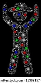 Bright mesh gentleman champion with glare effect. White wire carcass triangular mesh in vector format on a black background. Abstract 2d mesh designed with triangular lines, round dots,