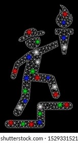 Bright mesh gentleman climbing with torch with lightspot effect. White wire carcass triangular mesh in vector format on a black background. Abstract 2d mesh built from triangular lines, dots,