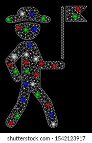 Bright mesh gentleman flag guide with glow effect. White wire carcass triangular mesh in vector format on a black background. Abstract 2d mesh designed with triangular lines, small circle,