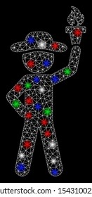 Bright mesh gentleman with freedom torch with lightspot effect. White wire frame triangular mesh in vector format on a black background. Abstract 2d mesh designed with polygonal grid, spheric points,