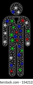 Bright mesh gentleman with glare effect. White wire frame polygonal mesh in vector format on a black background. Abstract 2d mesh designed with polygonal grid, small circle, colored flash spots.