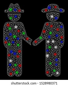 Bright mesh gentleman handshake with lightspot effect. White wire frame triangular mesh in vector format on a black background. Abstract 2d mesh built from triangular lines, points,