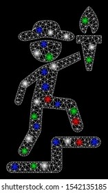 Bright mesh gentleman leader with glow effect. White wire carcass polygonal mesh in vector format on a black background. Abstract 2d mesh designed with polygonal grid, round dots,