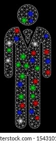Bright mesh gentleman with lightspot effect. White wire carcass polygonal mesh in vector format on a black background. Abstract 2d mesh designed with polygonal grid, small circle,