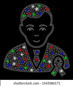 Bright mesh gentleman with mourning ribbon with glow effect. White wire carcass triangular mesh in vector format on a black background. Abstract 2d mesh designed with triangular lines, points,