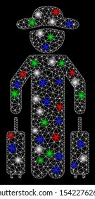 Bright mesh gentleman passenger with glow effect. White wire frame polygonal mesh in vector format on a black background. Abstract 2d mesh created from polygonal grid, points, colored flare spots.