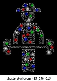 Bright mesh gentleman power lifting with lightspot effect. White wire carcass triangular mesh in vector format on a black background. Abstract 2d mesh built from triangular lines, points,
