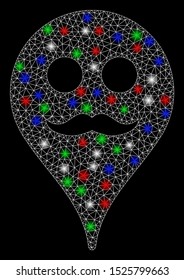 Bright mesh gentleman smiley map marker with glare effect. White wire frame triangular mesh in vector format on a black background. Abstract 2d mesh built from triangles, round dots,