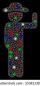 Bright mesh gentleman vote with lightspot effect. White wire frame polygonal mesh in vector format on a black background. Abstract 2d mesh designed with polygonal grid, round dots,