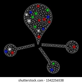 Bright mesh geo network with glow effect. White wire frame triangular mesh in vector format on a black background. Abstract 2d mesh designed with triangular lines, small circle, colorful glare spots.