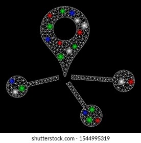 Bright mesh geo network with glow effect. White wire frame triangular mesh in vector format on a black background. Abstract 2d mesh designed with triangular lines, small circle, colored flash spots.