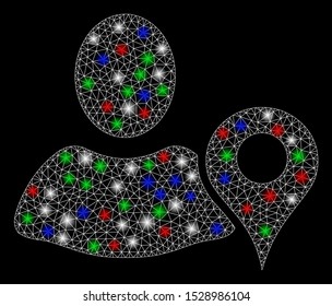 Bright mesh geo targeting with glow effect. White wire carcass polygonal mesh in vector format on a black background. Abstract 2d mesh designed with polygonal grid, dots, colorful glare spots.