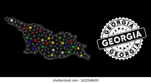 Bright mesh Georgia map with glow effect, and stamp. Wire frame triangular Georgia map mesh in vector format on a black background. White round stamp imprint with dirty textures.