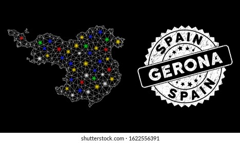 Bright mesh Gerona Province map with glow effect, and seal. Wire carcass triangular Gerona Province map mesh in vector format on a black background. White round rubber seal with distress surface.