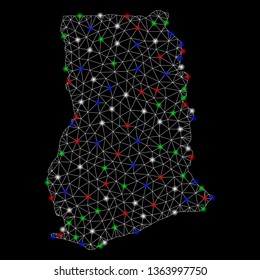 Bright mesh Ghana map with glare effect. Wire carcass polygonal mesh in vector format on a black background. Abstract 2d mesh built from triangular lines, spheric points, colorful glare spots.