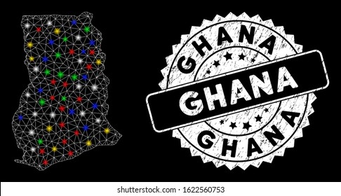 Bright mesh Ghana map with glare effect, and seal stamp. Wire frame polygonal Ghana map mesh in vector format on a black background. White round seal with scratched surface.