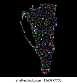 Bright mesh Gibraltar map with glare effect. Wire carcass triangular mesh in vector format on a black background. Abstract 2d mesh created from triangular lines, round dots, colorful glare spots.