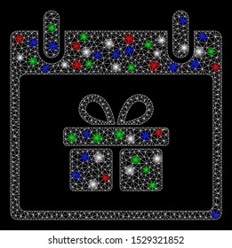 Bright mesh gift box calendar day with lightspot effect. White wire frame triangular mesh in vector format on a black background. Abstract 2d mesh designed with triangular lines, dots,
