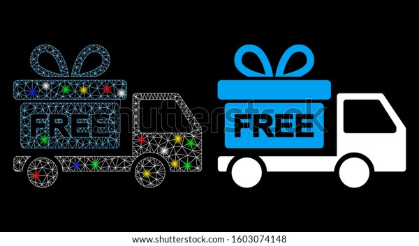 Bright mesh gift delivery car icon\
with glare effect. Abstract illuminated model of gift delivery car.\
Shiny wire carcass triangular mesh gift delivery car\
icon.