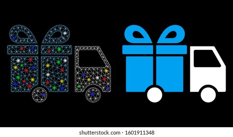 Bright mesh gift delivery van icon with glow effect. Abstract illuminated model of gift delivery van. Shiny wire frame triangular mesh gift delivery van icon. Vector abstraction on a black background.