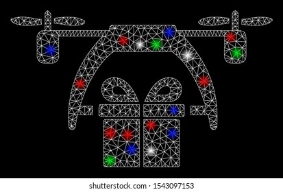 Bright mesh gift drone delivery with glare effect. White wire frame polygonal mesh in vector format on a black background. Abstract 2d mesh designed with polygonal grid, spheric points,