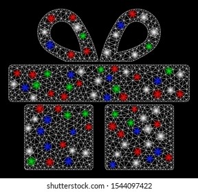 Bright mesh gift with glare effect. White wire carcass triangular network in vector format on a black background. Abstract 2d mesh designed with triangular lines, dots, colorful light spots.