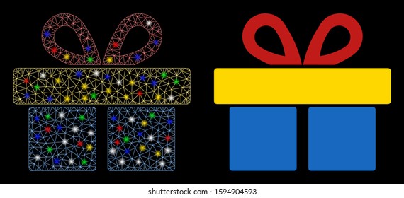 Bright mesh gift icon with glitter effect. Abstract illuminated model of gift. Shiny wire carcass triangular mesh gift icon. Vector abstraction on a black background.