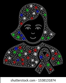 Bright mesh girl with sympathy ribbon with glare effect. White wire frame triangular mesh in vector format on a black background. Abstract 2d mesh designed with polygonal grid, spheric points,