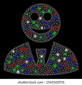 Bright mesh glad boss with glow effect. White wire frame polygonal mesh in vector format on a black background. Abstract 2d mesh designed with triangles, dots, colored light spots.