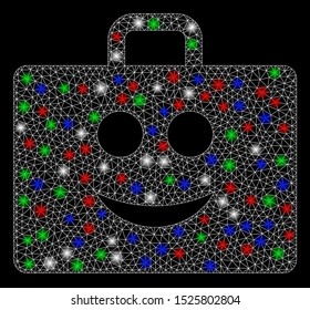 Bright mesh glad case with lightspot effect. White wire frame triangular mesh in vector format on a black background. Abstract 2d mesh designed with polygonal grid, spheric points,