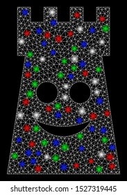 Bright mesh glad fort tower with glow effect. White wire frame triangular mesh in vector format on a black background. Abstract 2d mesh designed with polygonal grid, points, colorful flare spots.