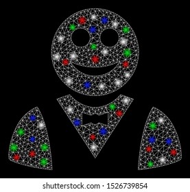 Bright mesh glad waiter with glow effect. White wire carcass polygonal mesh in vector format on a black background. Abstract 2d mesh designed with polygonal grid, round dots, colorful flash spots.