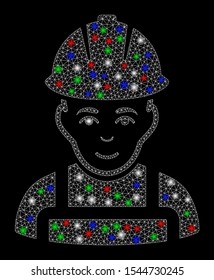 Bright mesh glad worker with glare effect. White wire frame polygonal mesh in vector format on a black background. Abstract 2d mesh designed with polygonal grid, dots, colorful flare spots.