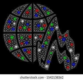 Bright mesh global fire with lightspot effect. White wire carcass polygonal mesh in vector format on a black background. Abstract 2d mesh designed with polygonal grid, round dots, colored glare spots.