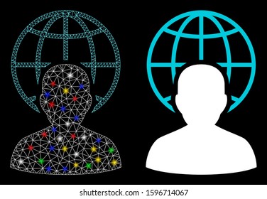 Bright mesh global governor icon with lightspot effect. Abstract illuminated model of global governor. Shiny wire frame polygonal mesh global governor icon. Vector abstraction on a black background.