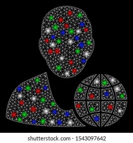 Bright mesh global manager with glare effect. White wire frame polygonal mesh in vector format on a black background. Abstract 2d mesh built from polygonal grid, spheric points, colorful flash spots.