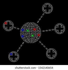 Bright mesh global medical links with glow effect. White wire frame triangular mesh in vector format on a black background. Abstract 2d mesh designed with triangular lines, round dots,