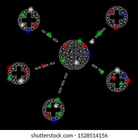 Bright mesh global medical relations with glare effect. White wire frame triangular mesh in vector format on a black background. Abstract 2d mesh built from triangular lines, dots,