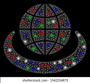 Bright mesh global network with glow effect. White wire frame polygonal mesh in vector format on a black background. Abstract 2d mesh designed with triangles, round dots, colored light spots.