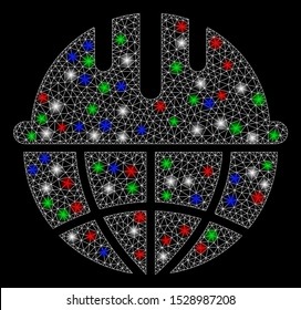 Bright mesh global safety helmet with lightspot effect. White wire carcass triangular mesh in vector format on a black background. Abstract 2d mesh designed with triangular lines, dots,