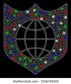 Bright mesh global shield with glow effect. White wire frame triangular mesh in vector format on a black background. Abstract 2d mesh designed with triangular lines, small circle,