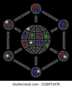 Bright mesh global web with glare effect. White wire carcass triangular network in vector format on a black background. Abstract 2d mesh built from triangular lines, points, colored glare spots.