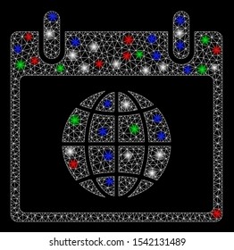 Bright mesh globe calendar day with glare effect. White wire frame triangular mesh in vector format on a black background. Abstract 2d mesh created from triangular lines, round dots,