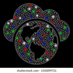 Bright mesh globe with glow effect. White wire frame polygonal mesh in vector format on a black background. Abstract 2d mesh designed with polygonal grid, spheric points, colorful flare spots.