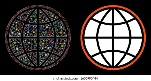Bright mesh globe icon with sparkle effect. Abstract illuminated model of globe. Shiny wire carcass polygonal mesh globe icon. Vector abstraction on a black background.