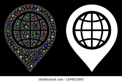 Bright mesh globe map marker icon with glitter effect. Abstract illuminated model of globe map marker. Shiny wire carcass polygonal mesh globe map marker icon.